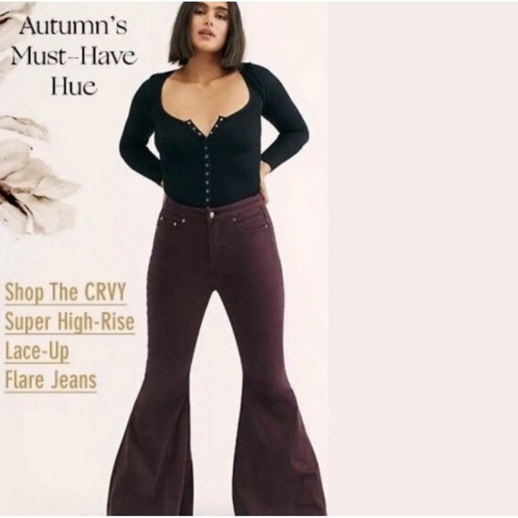 Free People CRVY High-Waisted Flared Bell-Bottom Jeans Lace-Up Back Plum Purple - Picture 13 of 13